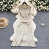 French Retro Turn-down Collar Long Sleeved Metal Buckle Dress for Women's Autumn Slimming Waist Knit Long Dresses