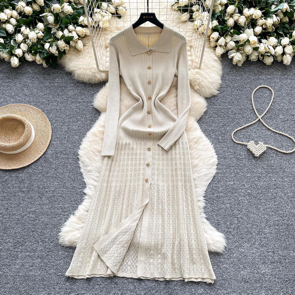 French Retro Turn-down Collar Long Sleeved Metal Buckle Dress for Women's Autumn Slimming Waist Knit Long Dresses