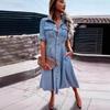 European & American Style Women's Solid Color Lapel Slim Fit Denim Swing Dress