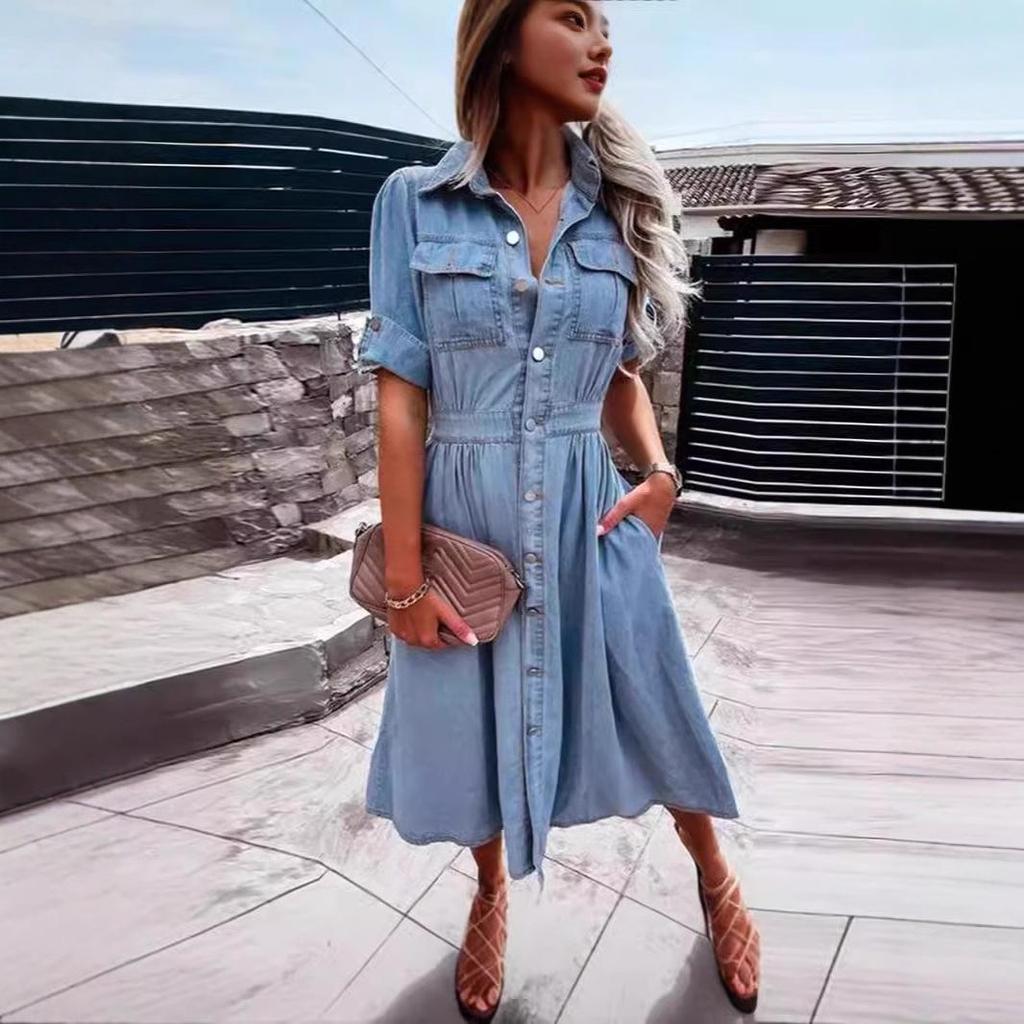 European & American Style Women's Solid Color Lapel Slim Fit Denim Swing Dress