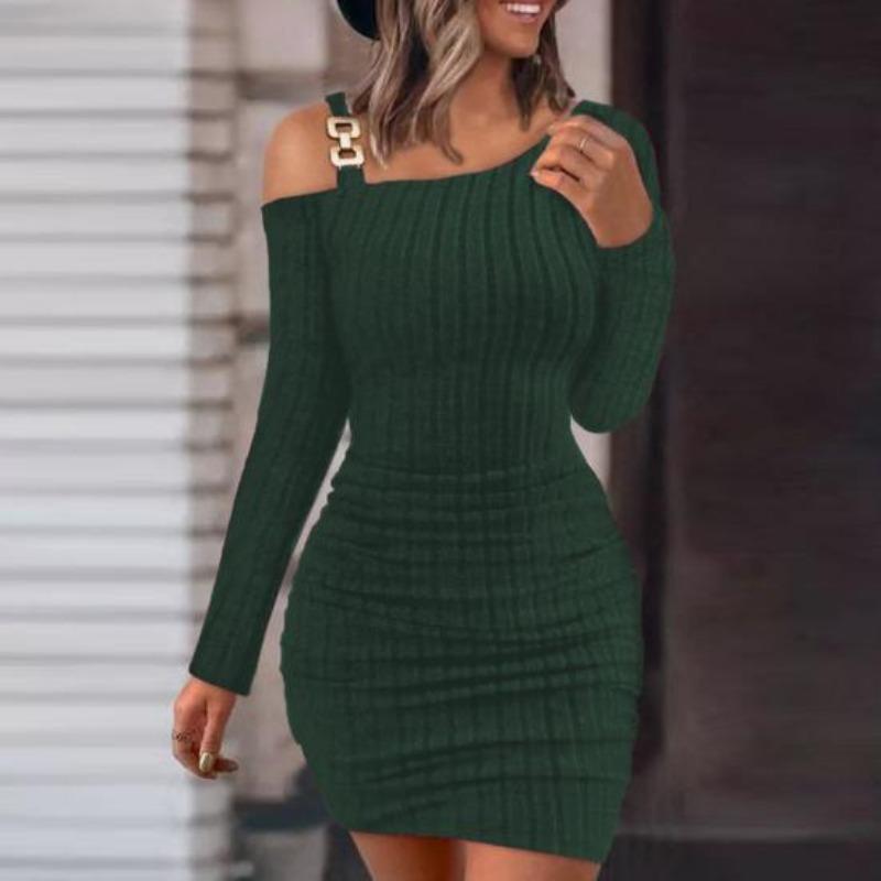 Women  Dress Knitted One Shoulder  Elastic Neck Solid Color Tight Waist Anti-shrink Long Sleeve Mini Sheath Dress Party