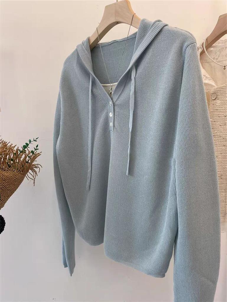 Classic group! Trendy fake two-piece half-open button hooded Tencel hemp knitted sweater hoodie women's short top tide