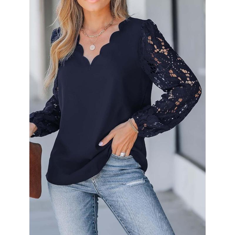 Spring New Women's V-neck Lace Hollow Lace Long-sleeved Loose Pullover Shirt