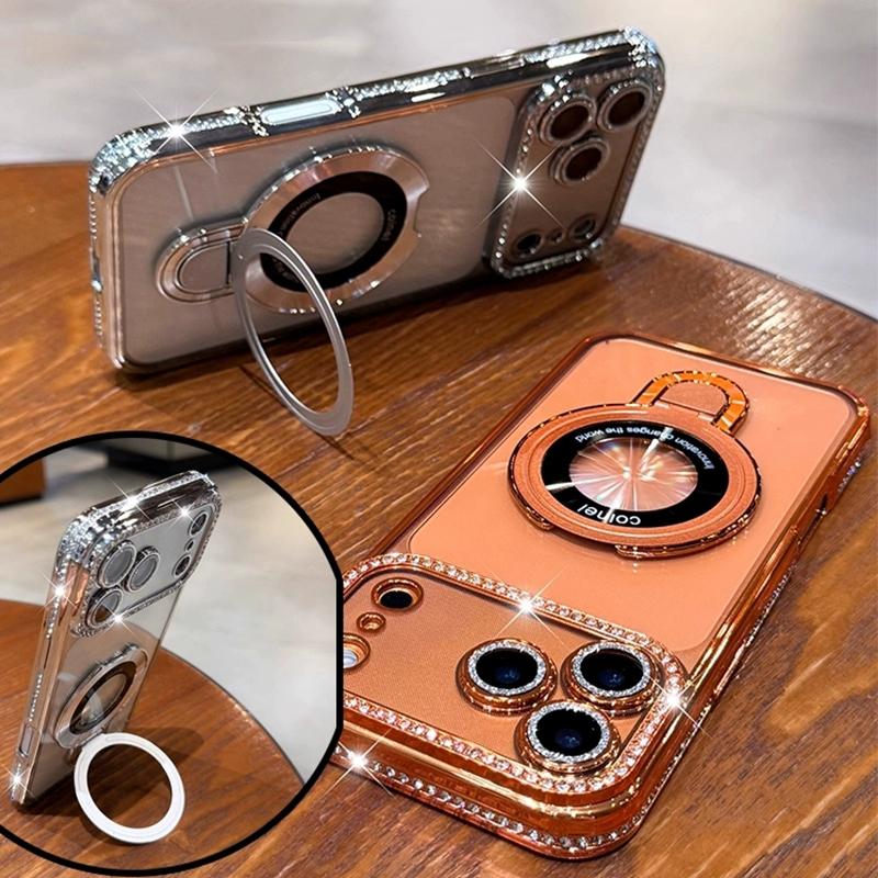 Luxury Glitter Diamond Magnetic Phone Case For 15 16 14 Plus 13 12 11 17 Pro Max Air With Holder Stand For Magsafe Cover