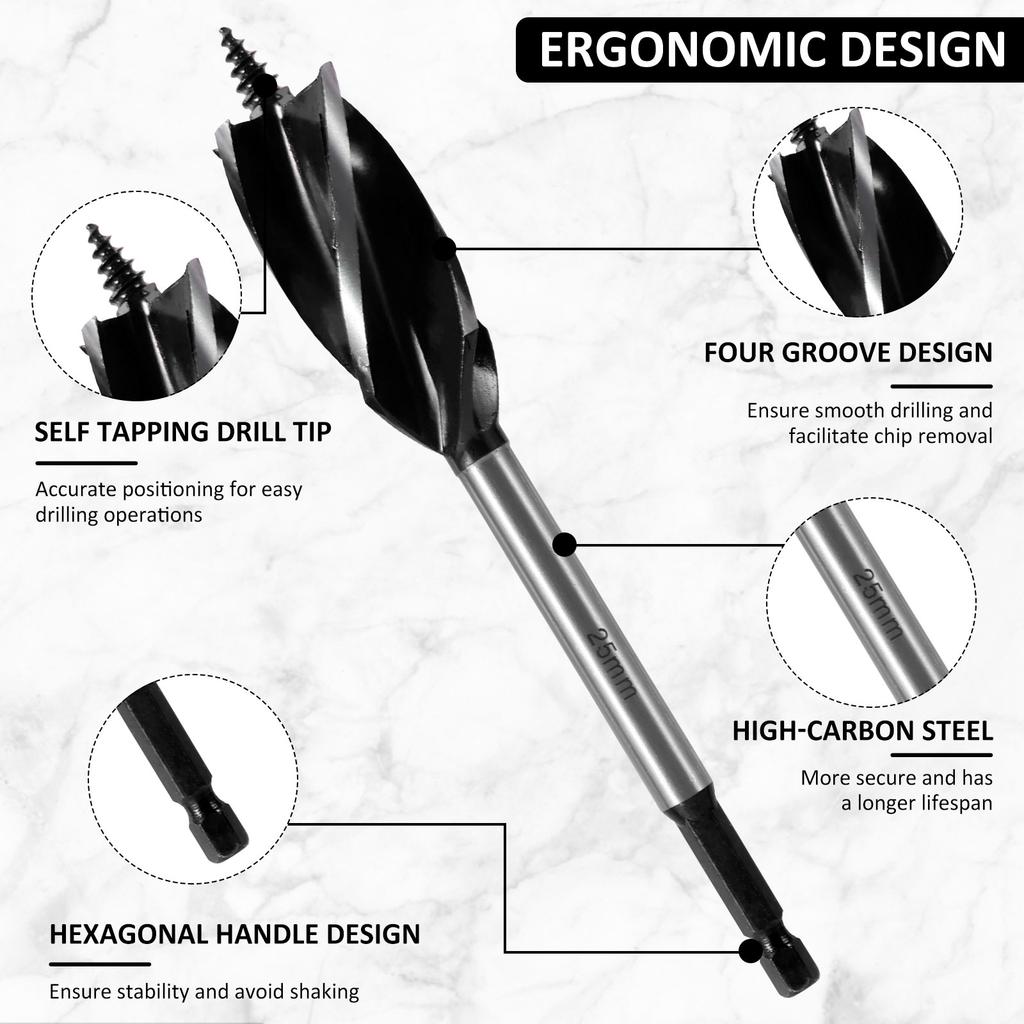 8Pcs Wood Auger Drill Bit Set High-Carbon Steel 4 Flute Cut Drilling Bit Kit 10-25mm Self-Tapping Hex Shank Wood Hole Drill Bit