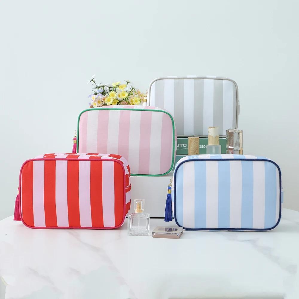 1PC Large Striped Portable Cosmetic Bag For Women Tassel Zipper Makeup Bag Large Capacity Storage Pouch Bags