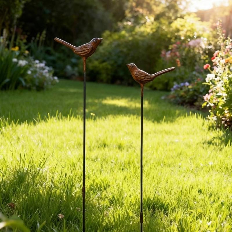 Bird Garden Stakes Set of 2 Iron Soil Insert Pieces for Pots, Flower Rows and Lawn Edges with Aged Brown Yard Form for Home Use Daily