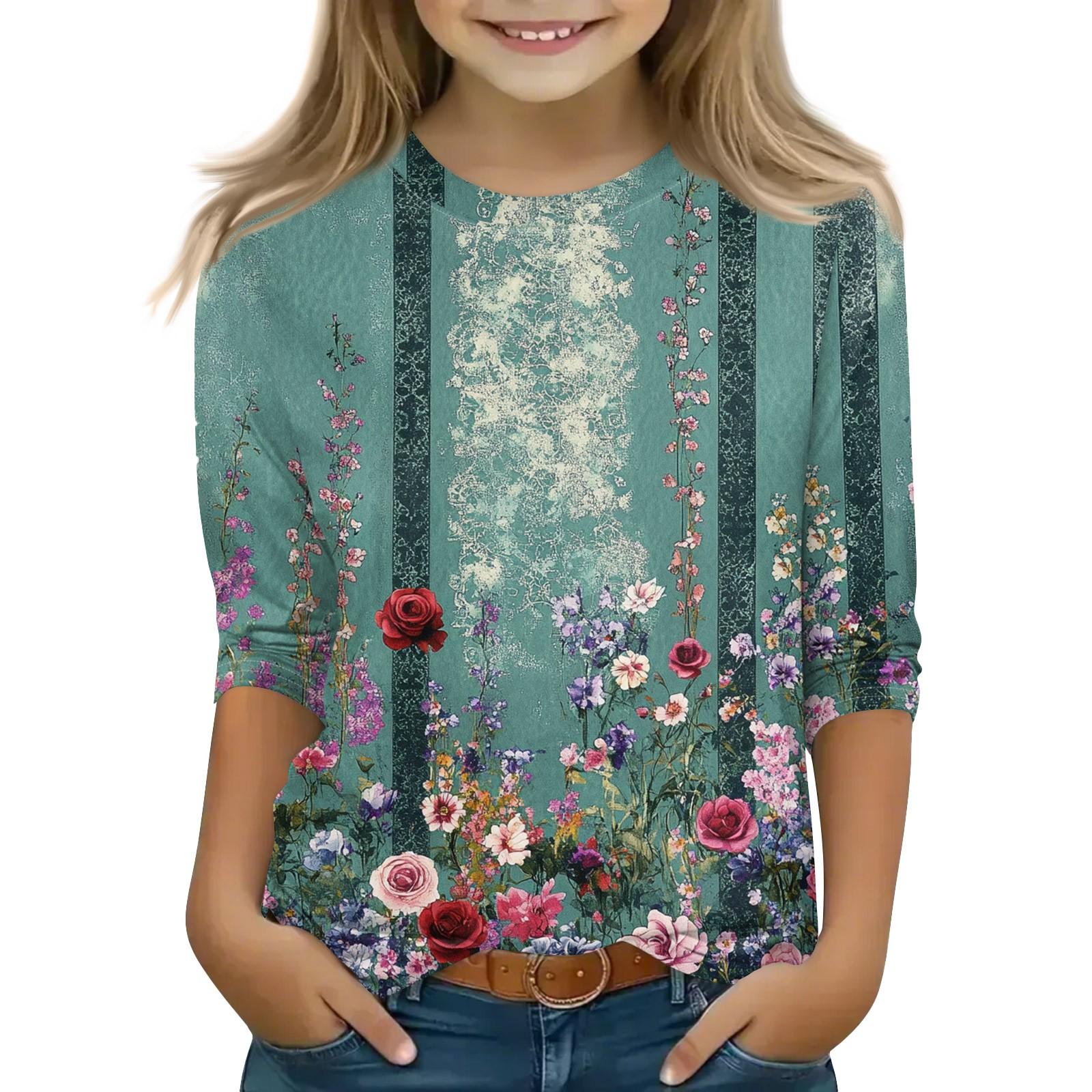 

Print Tops For Youth Girls Round Neck 3/4 Sleeves T-Shirts Trendy Tops Outfit Tees 140 зелений