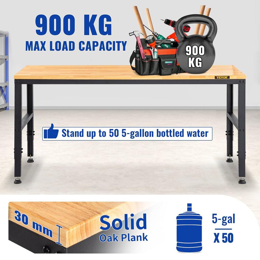 Workbench Adjustable Height, 183 x 64 cm Garage Table w/ 72 – 97 cm Heights & 900KG Load Capacity, with Power Outlets & Hardwood Top & Metal Frame &