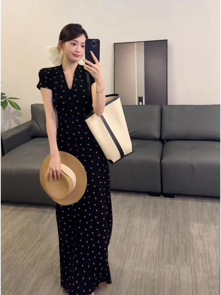 Elegant French-Style V-Neck Slim Fit Women's Summer Dress