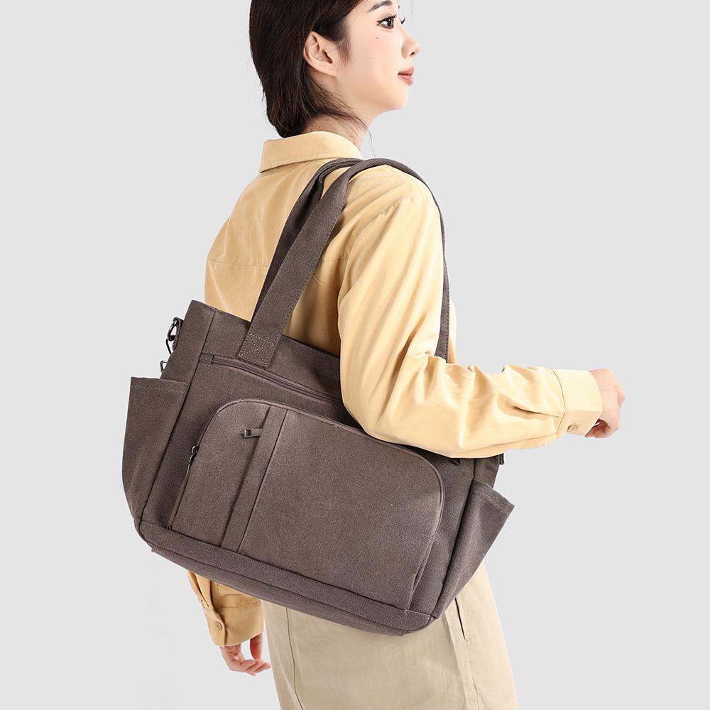 Bolsa Tote de Lona Color Sólida com Múltiplos Bolsos de Grande Capacidade Bolsa de Ombro Feminina Vintage para o Dia a Dia Bolsa Transversal