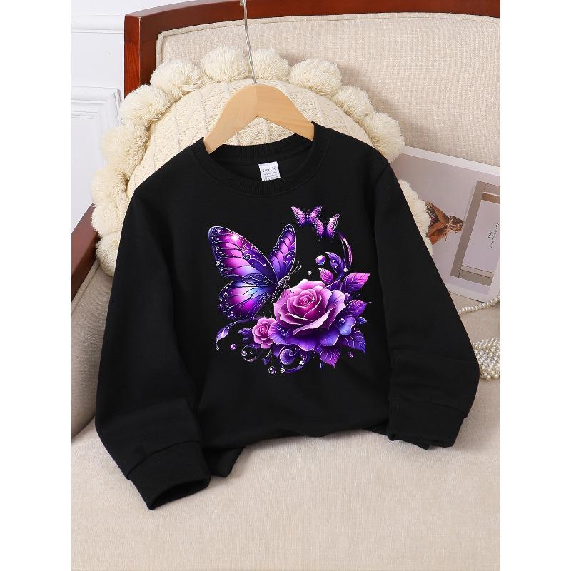 Kids Long Sleeve Crewneck Sweatshirt, Purple Butterfly & Rose Floral Art Print, 110
