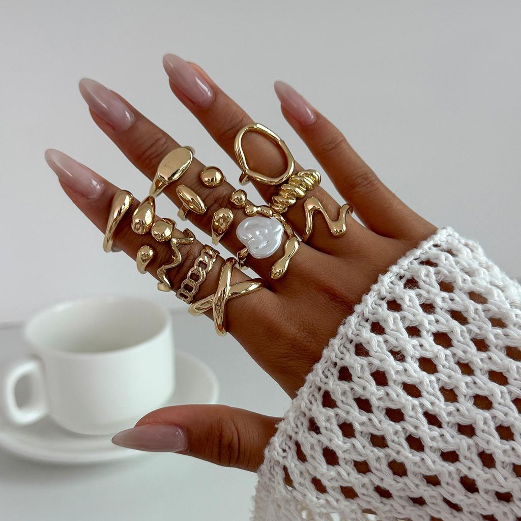 DIEZI 4 Style Vintage Baroque Pearl Open Rings Women Men Punk Gold Color Irregular Geometric Metal Knuckle Joint Ring Jewelry