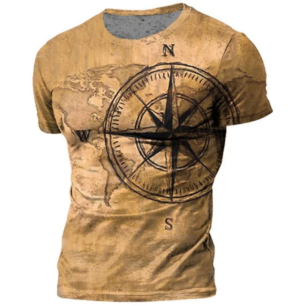Retro Men's T-shirt, American Summer T-shirt, Compass Printed Short Sleeved T-shirt, Loose Men's Daily Clothing, Casual Streetwear