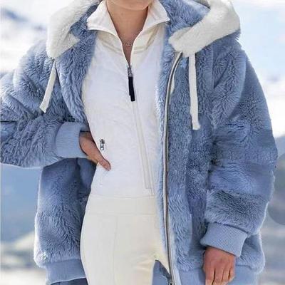 Europe and The United States  Autumn and Winter Warm Plush and Zipper Pocket Hooded Loose Jacket Women Coat
