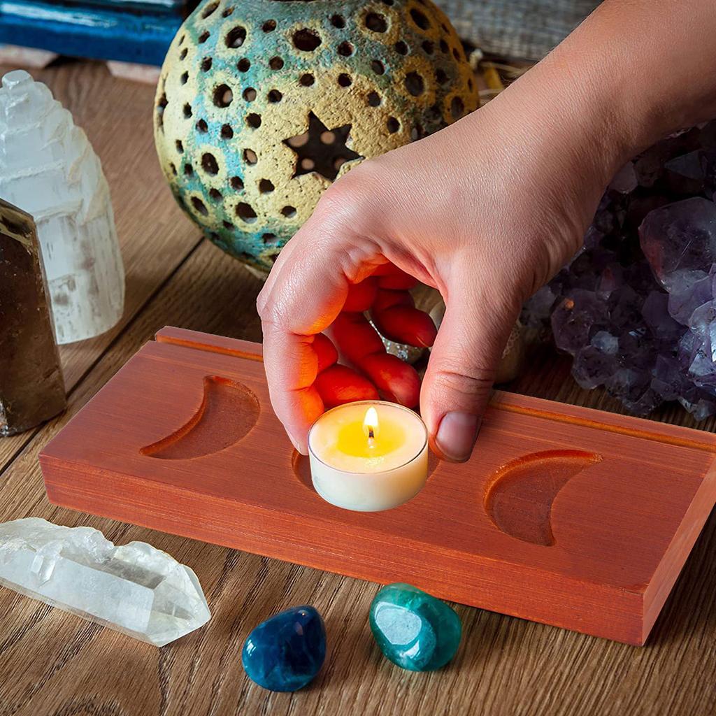 Candle Tarot Holder Stand Wooden Triple Moon Phases Symbol Tarot Card Display Stands Moon Tray Crystal Holder Home Decoration
