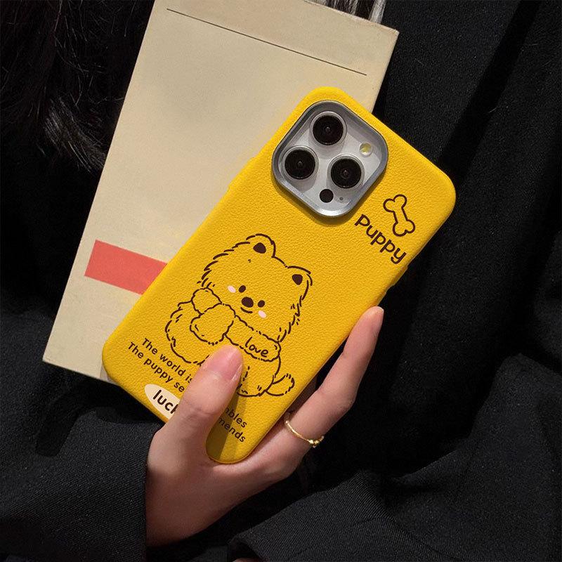 Cute Line Puppy Soft Shell Suitable for Apple 16 Mobile Phone Case IPhone 15 Protective Case 14 13 Leather Pattern Large Hole
