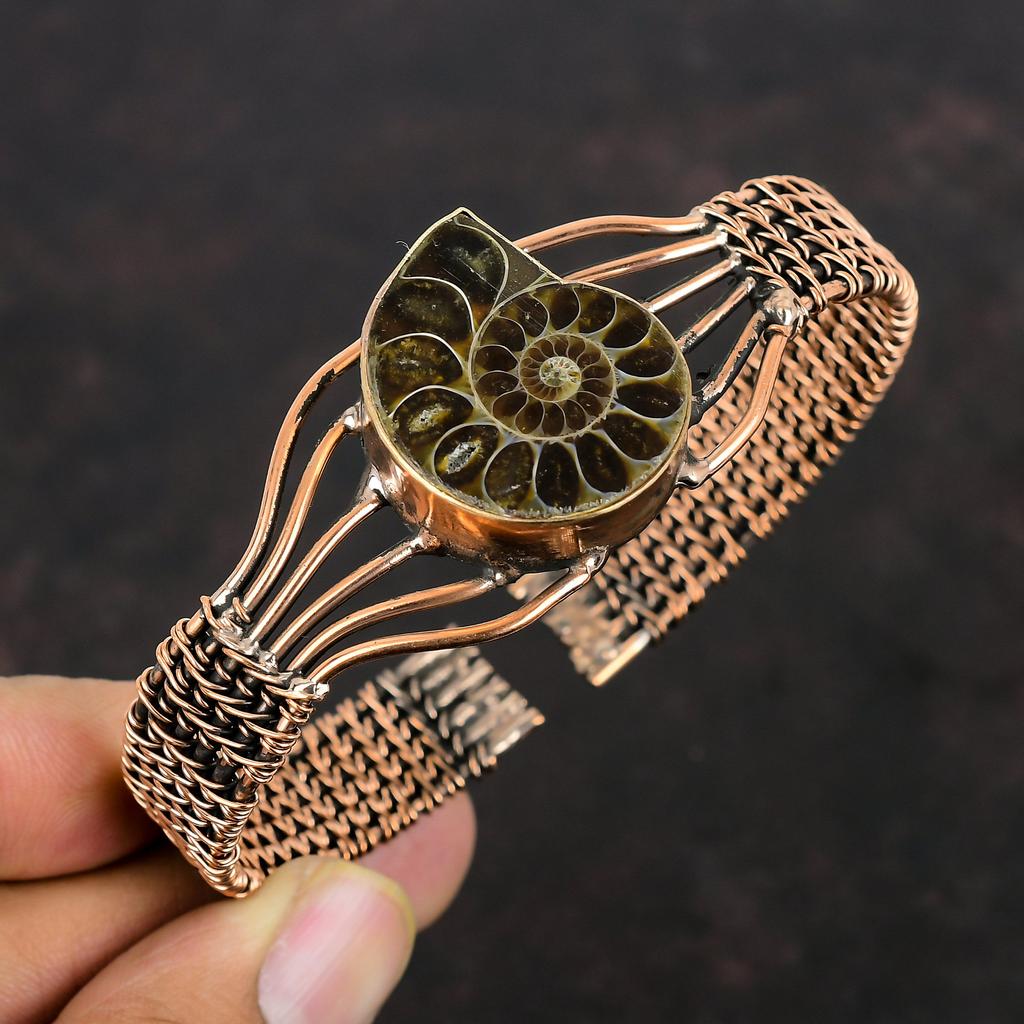 Ammonite Fossil Cuff Bracelet Copper Wire Wrapped Bangle Adjustable Handmade Bangle Ammonite Fossil Copper Jewelry Natural Gemstone Bracelet