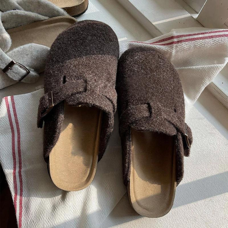 Baotou half slippers women wear popular Internet celebrity woolen flat cork Birkenstocks
