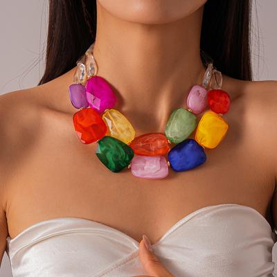 Double-layer Irregular Acrylic Beaded Necklace for Women Dopamine Bohemia Clavicle Chain Vacation Style Fashion Jewelry Gift C