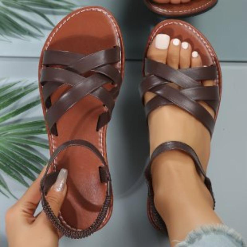 New Large-sized Flat Sandals for Women, Elastic Cross-band Beach Shoes for Women