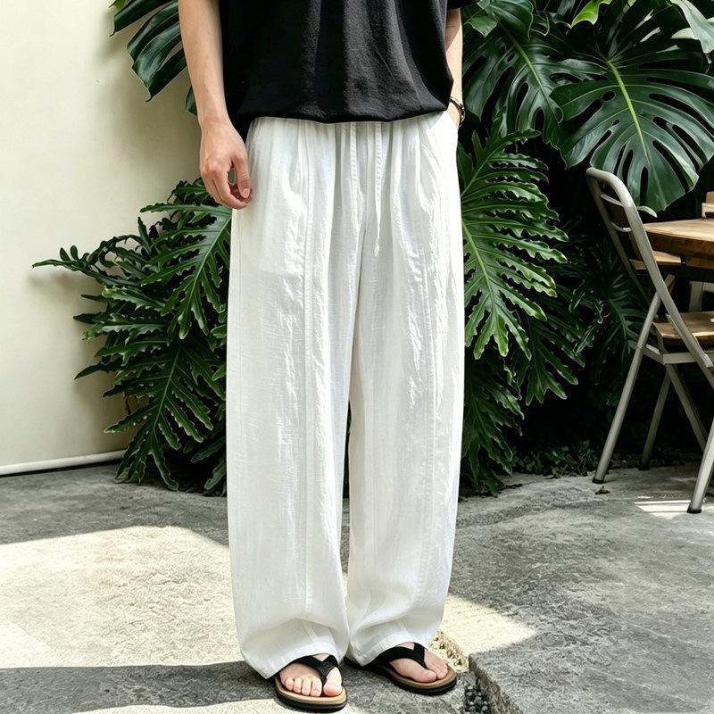 Chinese style summer thin Lyocell Tencel rain dew linen cotton and linen pants men's wide-leg old money style hemp pants