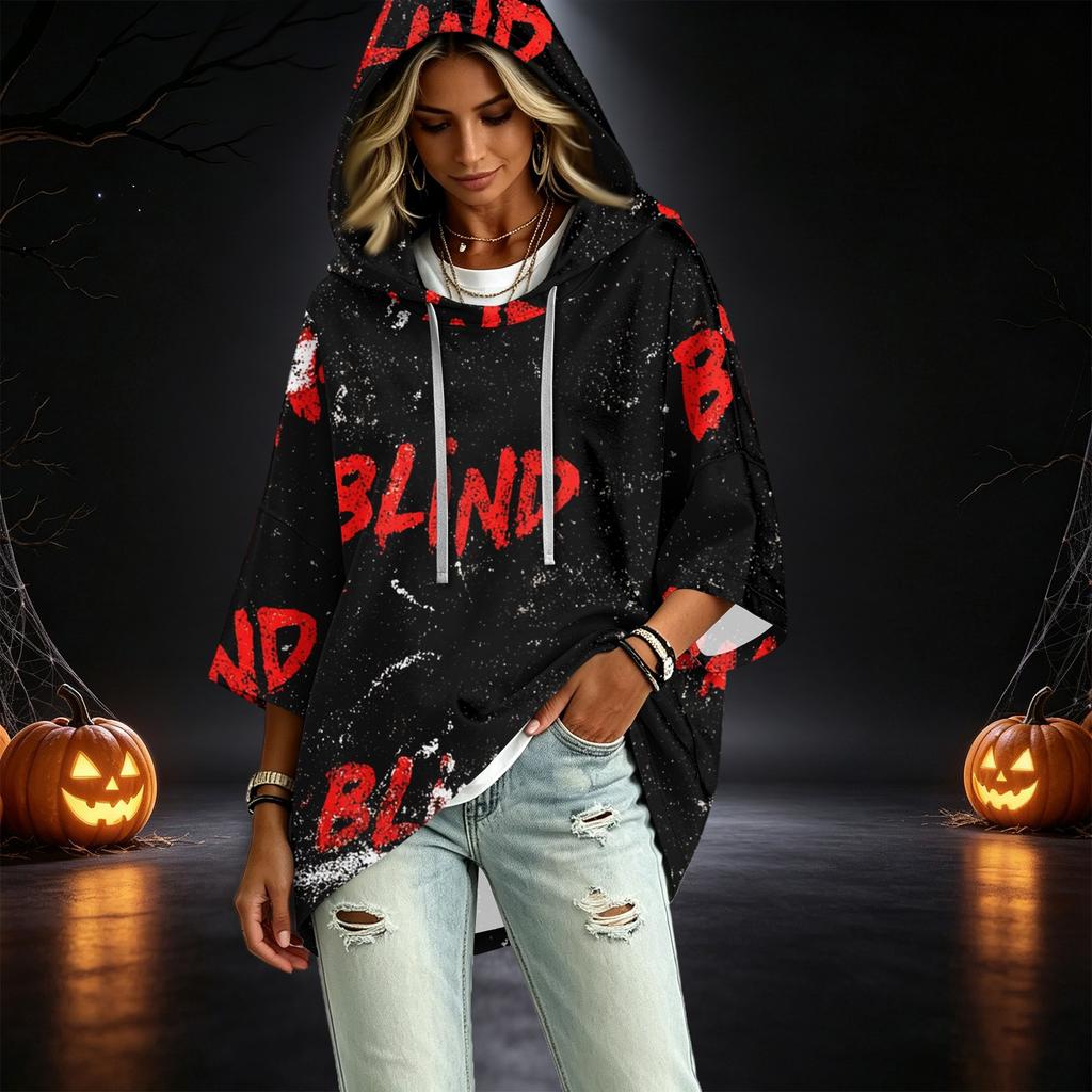 Damen Freizeit 3/4 Ärmel Halloween Print Kapuzen Pullover Top für den Herbst