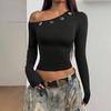 2026 Casual Diagonal Neck Long Sleeve Off The Shoulder Womens Blouse Spring Solid Color Crop Tops Streetwear T-shirt Slim Fit Short Shirt
