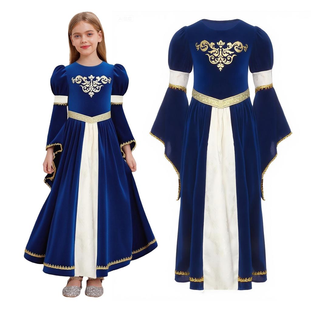 Luxury Medieval Princess Gown for Kids: Detailed Patchwork, Bell Sleeves, Gold Print & Waist Band for Renaissance Theme Event