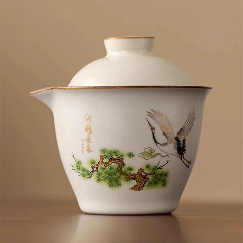 Rice White Ru Kiln Travel Tea Set, Ceramic Minimalist Kuaike Cup, Portable Outdoor Camping Tea Set, One Pot and Three Cups