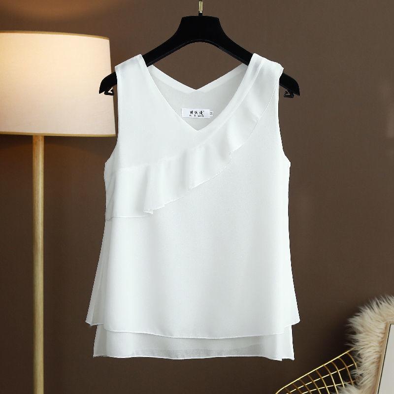 Summer Women Loose Ruffles  Chiffon Blouses Sleeveless V-neck Vest Female Oversized Tops