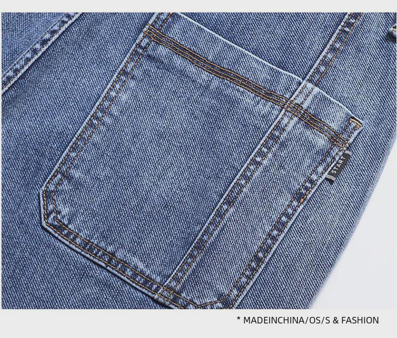 Four Seasons Men's Elastic Casual Trend Jeans with Six Pockets - Breathable, Loose Fit, Mid-Length for Autumn.