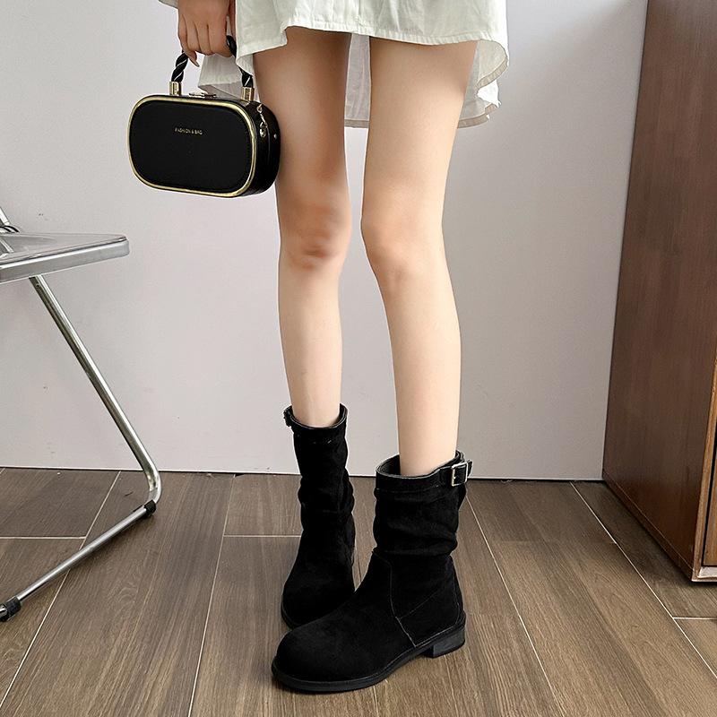 Retro suede pleated piled boots women's 2025 autumn new thick-soled thick-heeled thin western cowboy medium boots