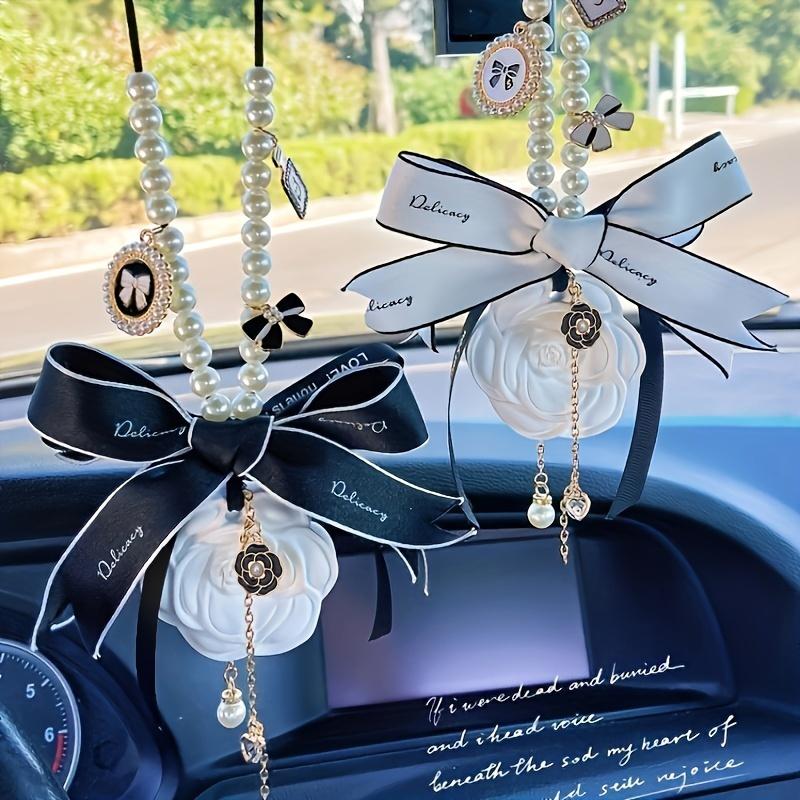 Camellia Scent Car Hanging Ornament, Exquisite Double Sided Bow Pendant, Auto Interior Decoration