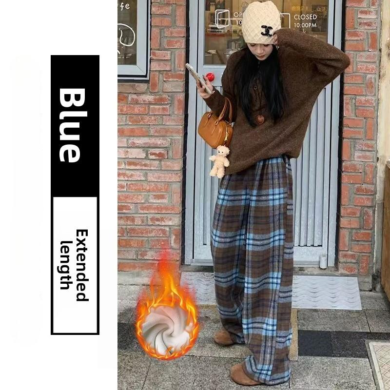 Женские осенне-зимние шерстяные клетчатые брюки с высокой посадкой и широкими штанинами, повседневные универсальные, повседневные с плюшевыми брюками S
