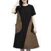 Damen Midi Kleid Rundhalsausschnitt Kurzarm Locker Geschnitten Sommerkleid mit Taschen Patchwork Farbe Leichtes Freizeitkleid