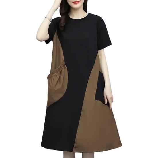 Damen Midi Kleid Rundhalsausschnitt Kurzarm Locker Geschnitten Sommerkleid mit Taschen Patchwork Farbe Leichtes Freizeitkleid