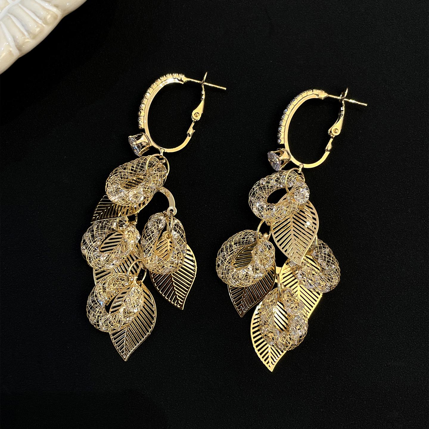 Silver Needle Zircon Leaf Tassel Hoop Earrings - Versatile Cold Style Jewelry for Women