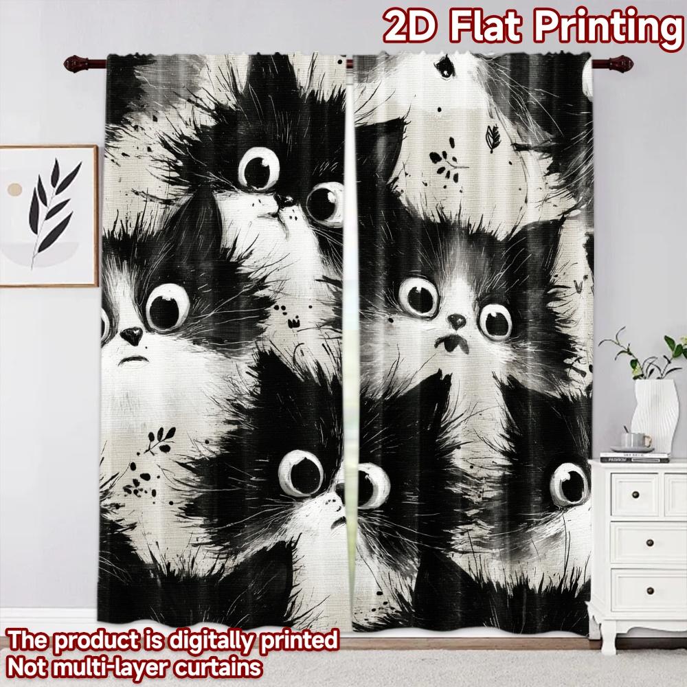 2D flat printing 2pcs Curtain Window Treatment Curtains Curious Black Cats Digital Printed Polyester Drapes Seasonal Party &