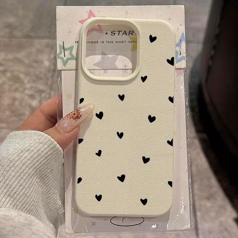Cute Black Love Heart Lychee Texture Phone Case For iPhone 17 Air 16 e 15 14 13 12 11 Pro Max Plus SE Soft Cover