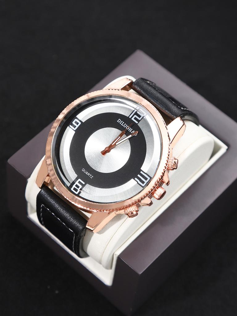 4PCS Watch Necklace Set, Business Men's Fashion Dial Quartz Calendar Watch, Luxury Men's PU Leather Watches, Ideal Gift for Me