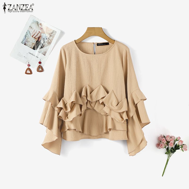 ZANZEA Womens Casual Round Neck Long Sleeve Ruffles Splice Loose Blouse