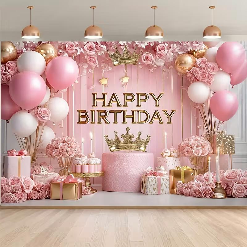 2D Pink Gold Happy Birthday Backdrop Photography Background