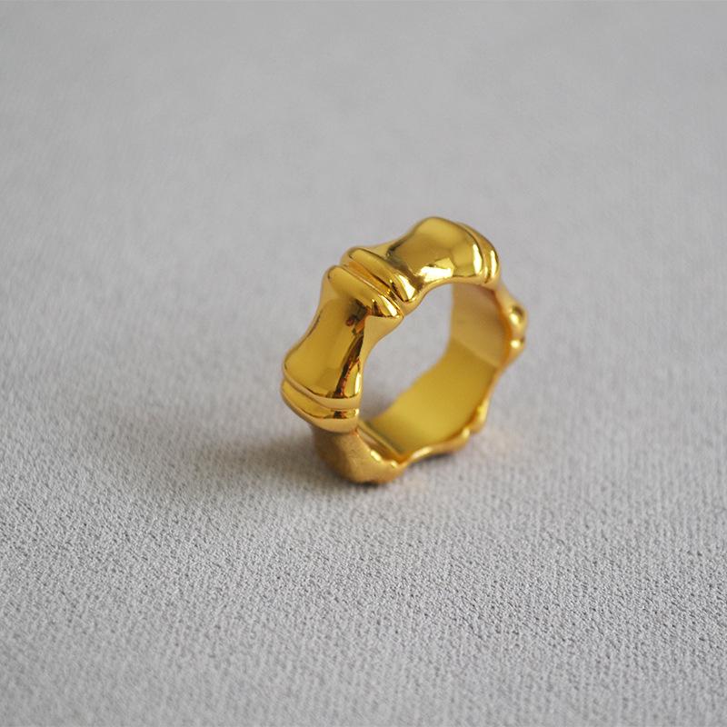 

Trendy Exaggerated Bamboo Joint Brass Gold-Plated Wide Band Ring for Women Size 8
