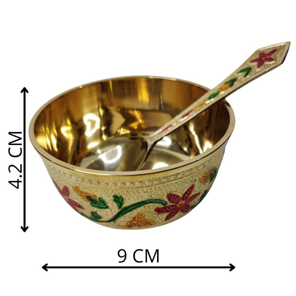 Akriti Brass Peetal Heavy Meena Color Katori with Spoon Dessert Bowl for Sweets, Dinner Embossed