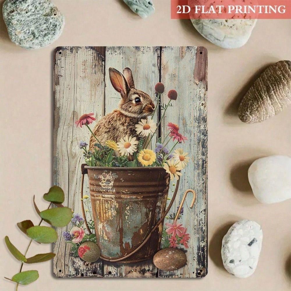 Vintage Bunny Flower Metal Poster Wall Art Decor