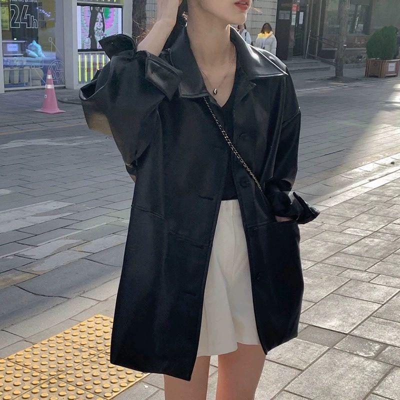 Korean Women's Stylish Single-Breasted Faux Leather Lapel Jacket - Autumn Loose Fit Coat