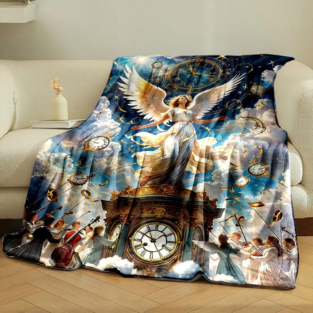 Angel Clock Cloud Print Blanket Printed Blanket for Living Room Bed Couch Lunch Break Soft Cozy Blanket for Friend's Festival Gift