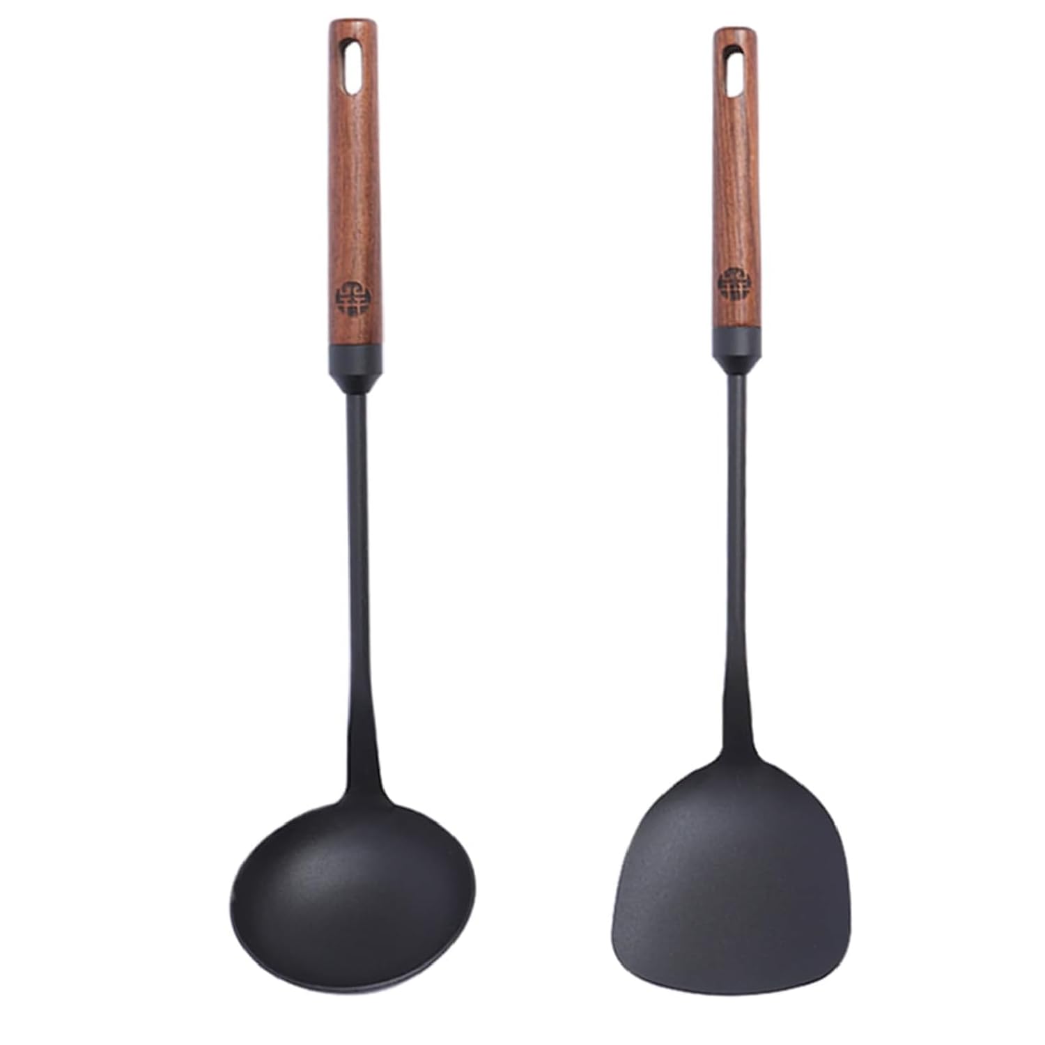WANGYUANJI Chinese Spatula and Ladle Set, Made of Nitrided Iron, for Woks and Iron Frying Pans, with Natural Wood Handle, Hole for Easy Storage, Easy