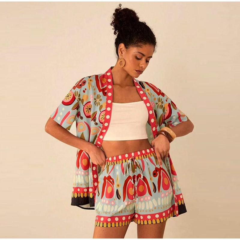 

2025 New Hot Summer Hawaiian Style Shorts Set Women Printed Short-sleeved Shirt Blouse Shorts 2-piece Set Beach Vacation Suit XL кавун червоний колір